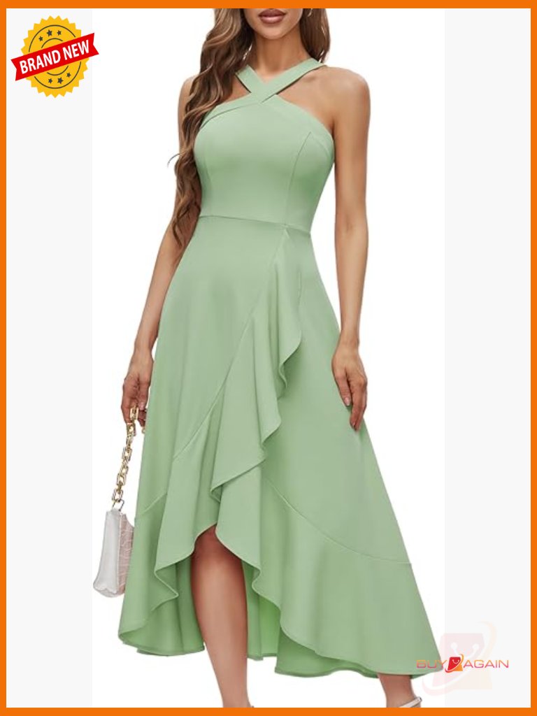 Halter Cocktail Maxi Dress With Ruffled Hem A-Line Zipper Closure Sleeveless